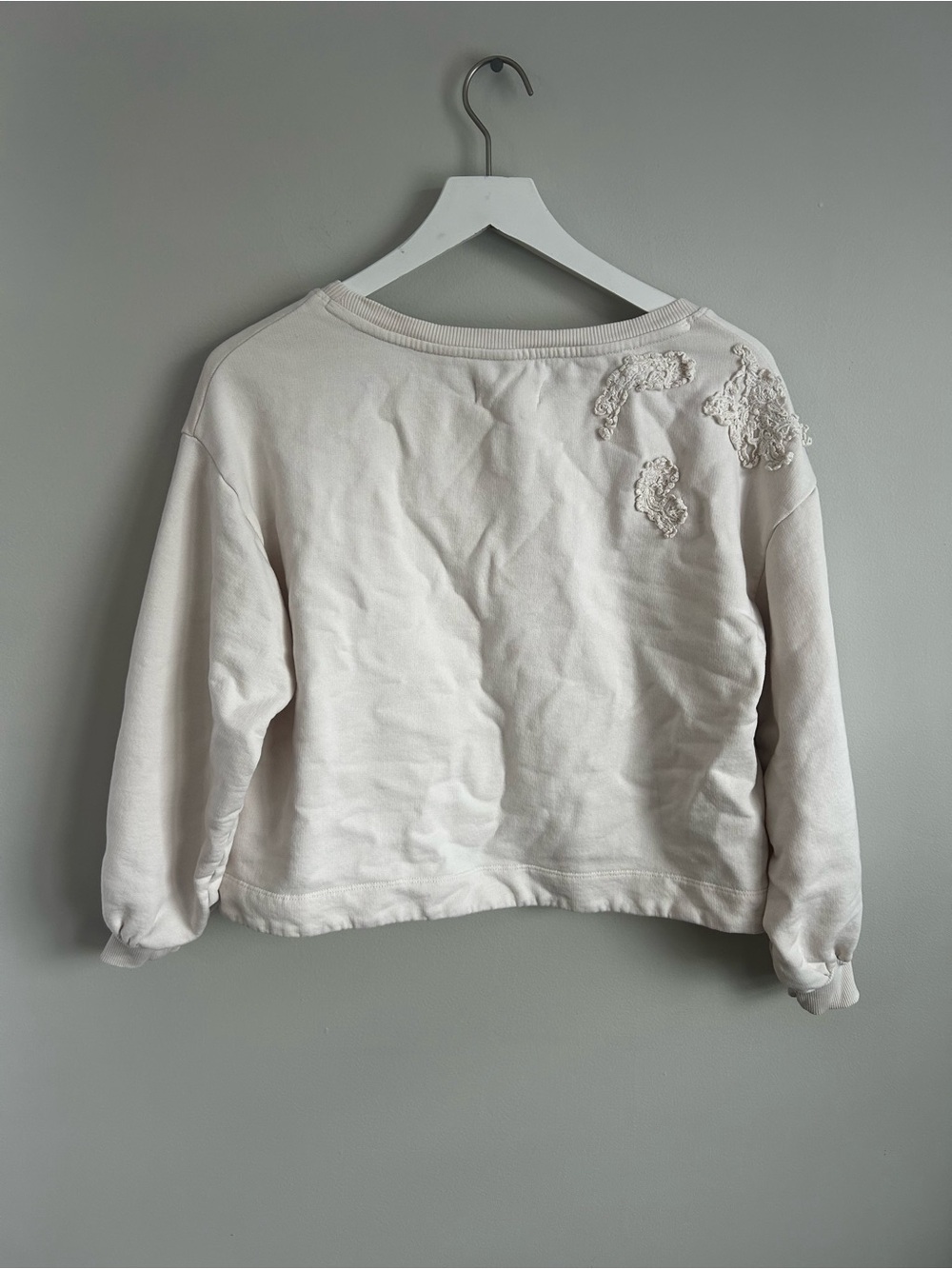 Anthropologie Ivory Crochet Appliqué Pullover Cotton Sweatshirt Size XS - Picture 6 of 7